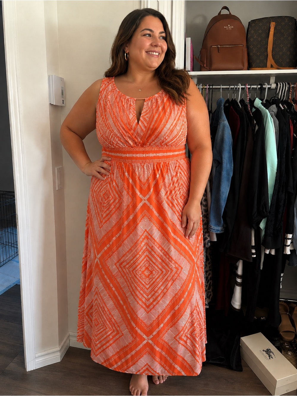 Sleeveless Orange Geo Print Maxi Dress with Keyhole